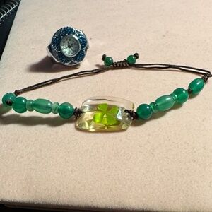 Charming Green 4 Leaf Clover Beaded Bracelet with Blue Floral Ring Watch (KS)
